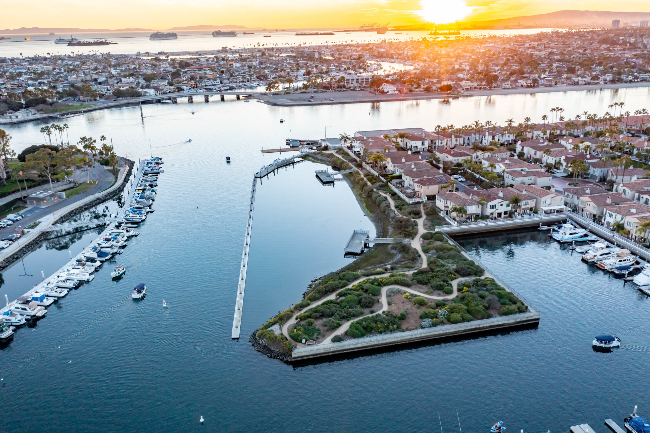 drone photo of Los Alamitos bay from high above at sunset