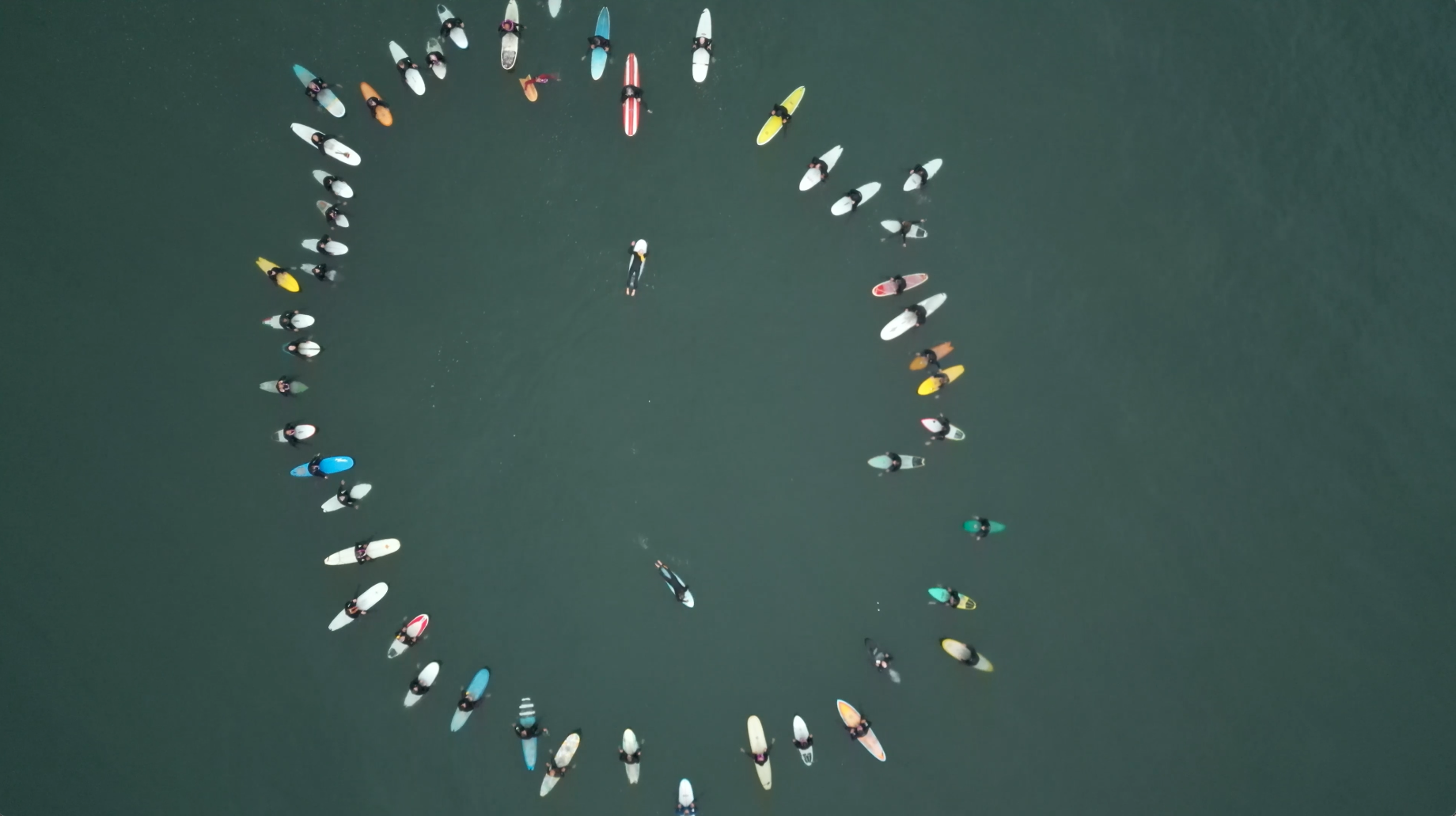 Surfers in a circle from above