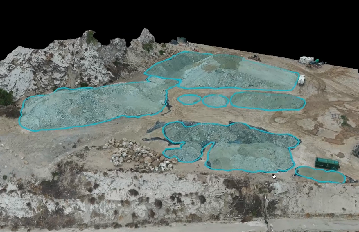 multiple stockpiles that have been calculated using a drone