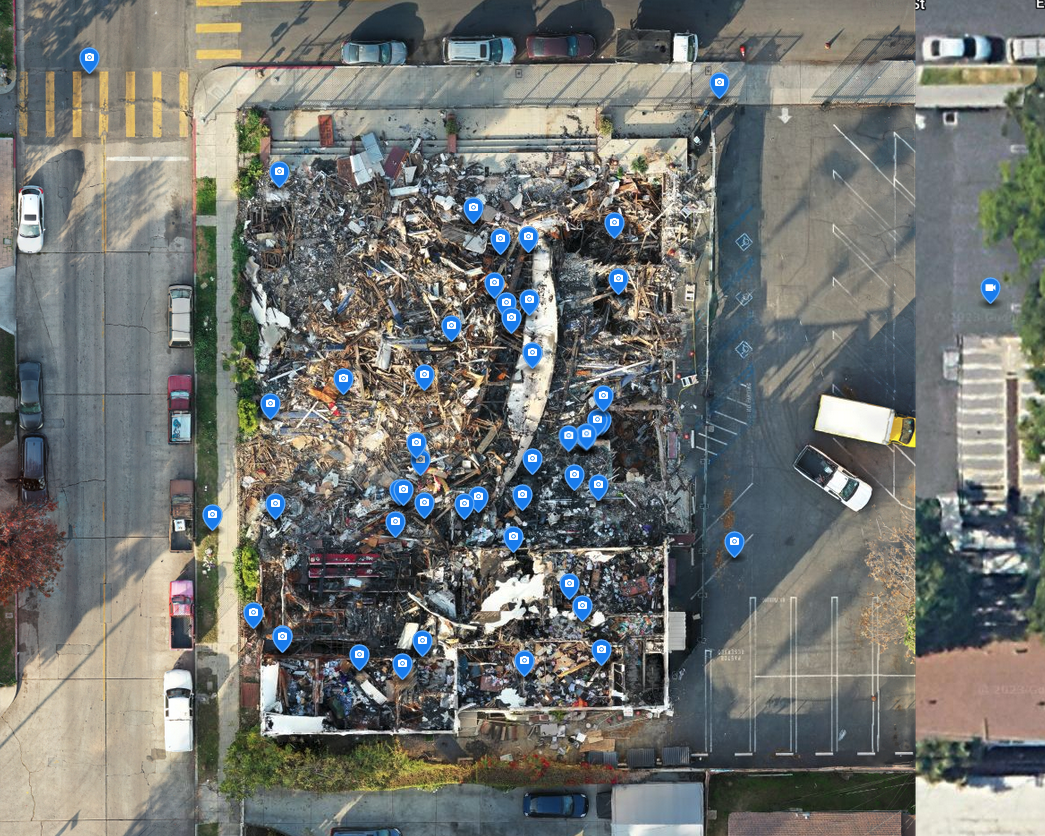 orthomosaic map of burned down church showing locations of photos taken