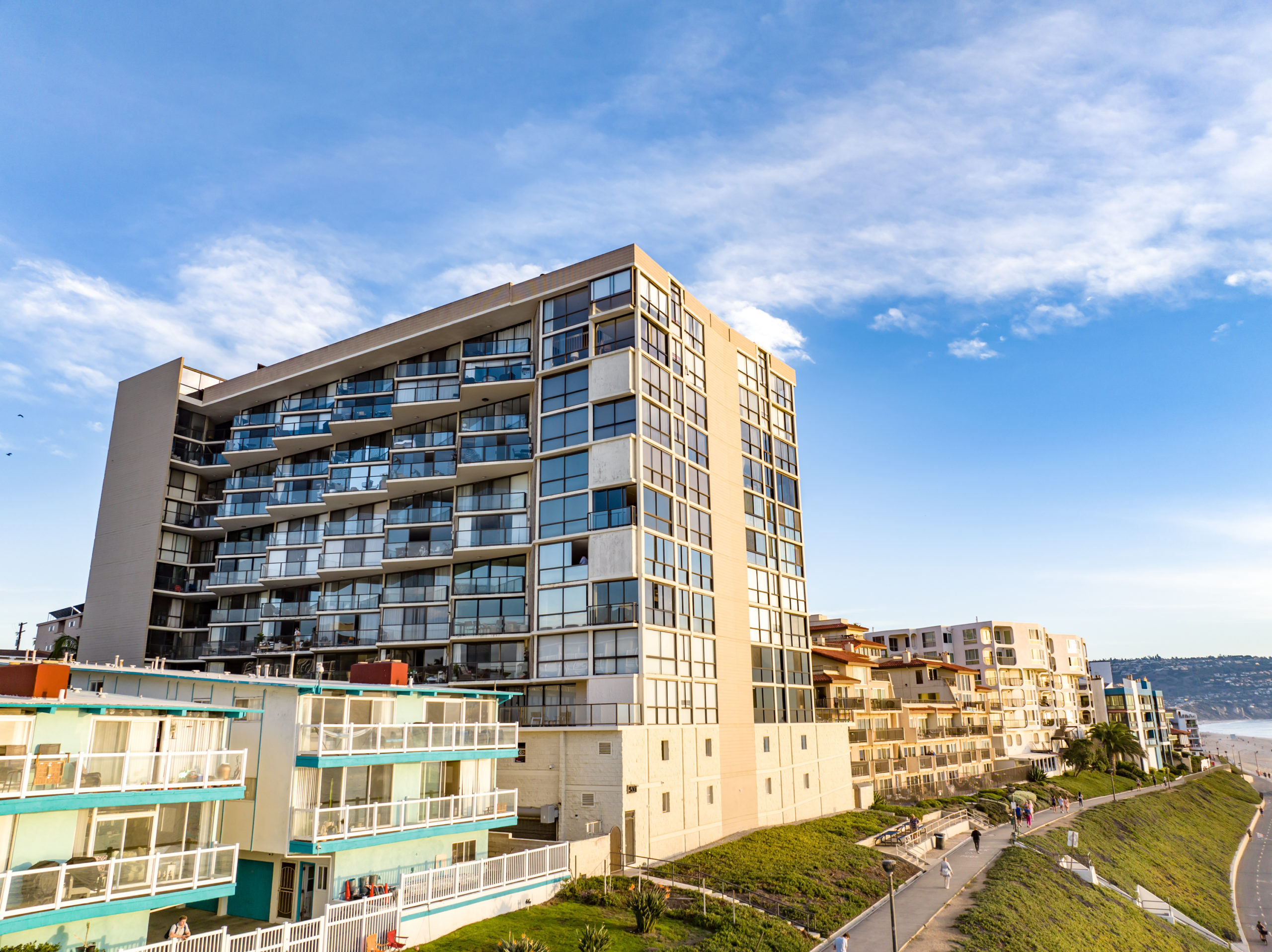 drone photo of a condominium located right on the beach in Redondo Beach, CA