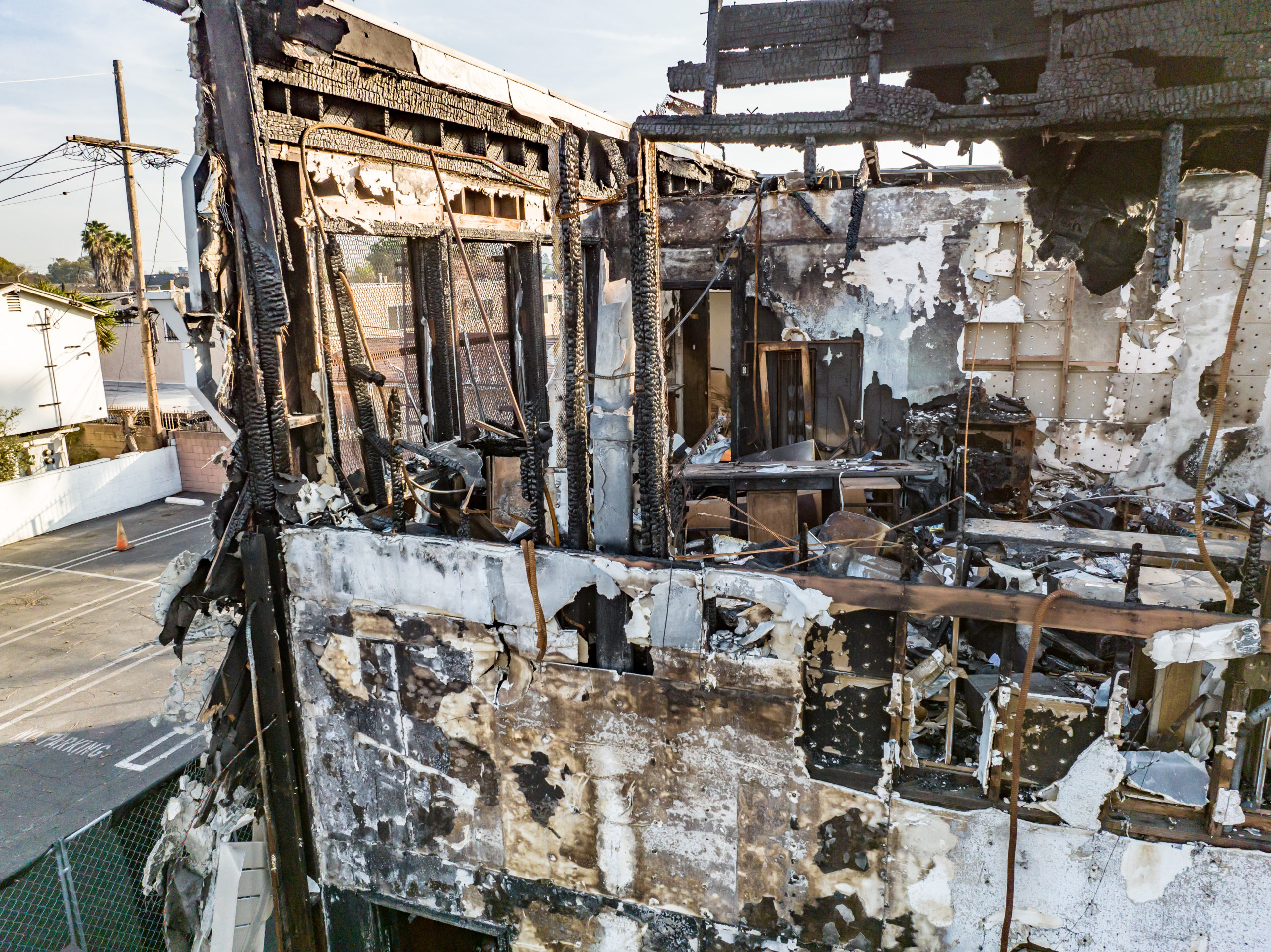 Partially burnt building which was the location of an arson attack